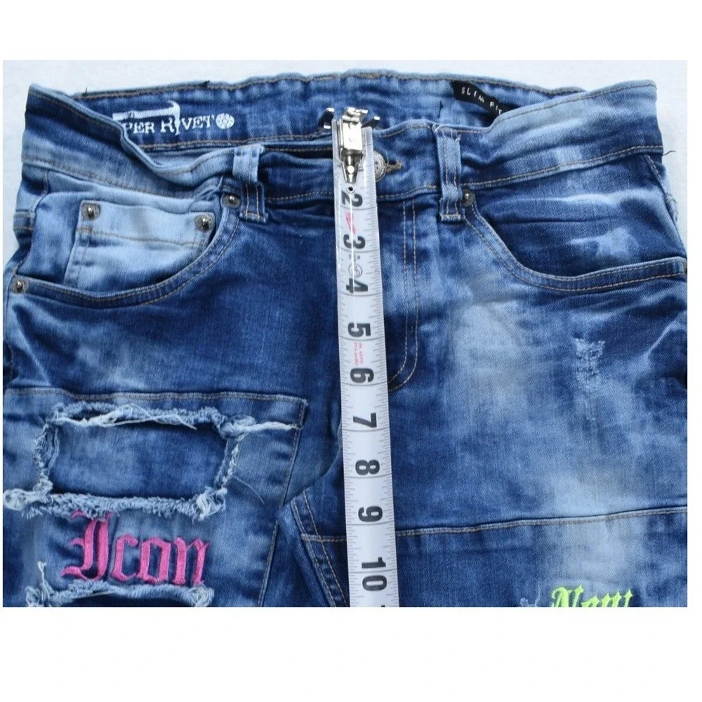 Copper Rivet Slim Fit Distressed Graphic Jeans Blue Mens 28 Icon King New Wave